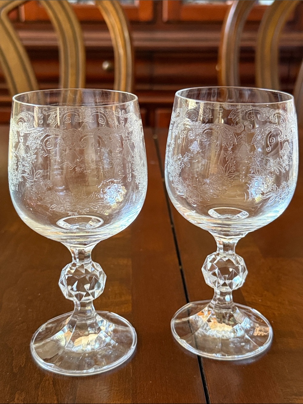 2 pc Czech Bohemian clear etched Crystal Cascade Design cordials footed glasses